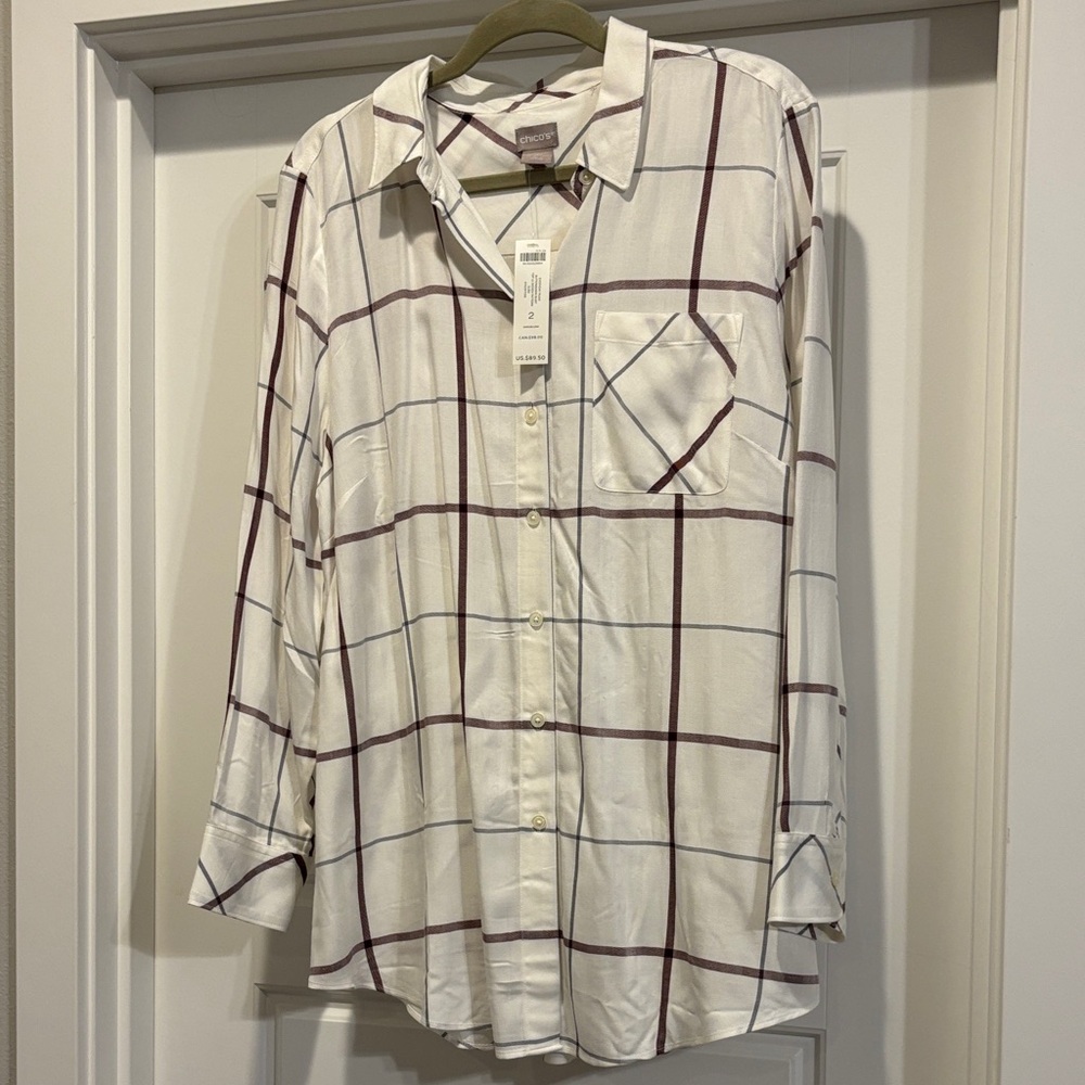 Chico's White and Burgundy Plaid Button-Down Shirt 12